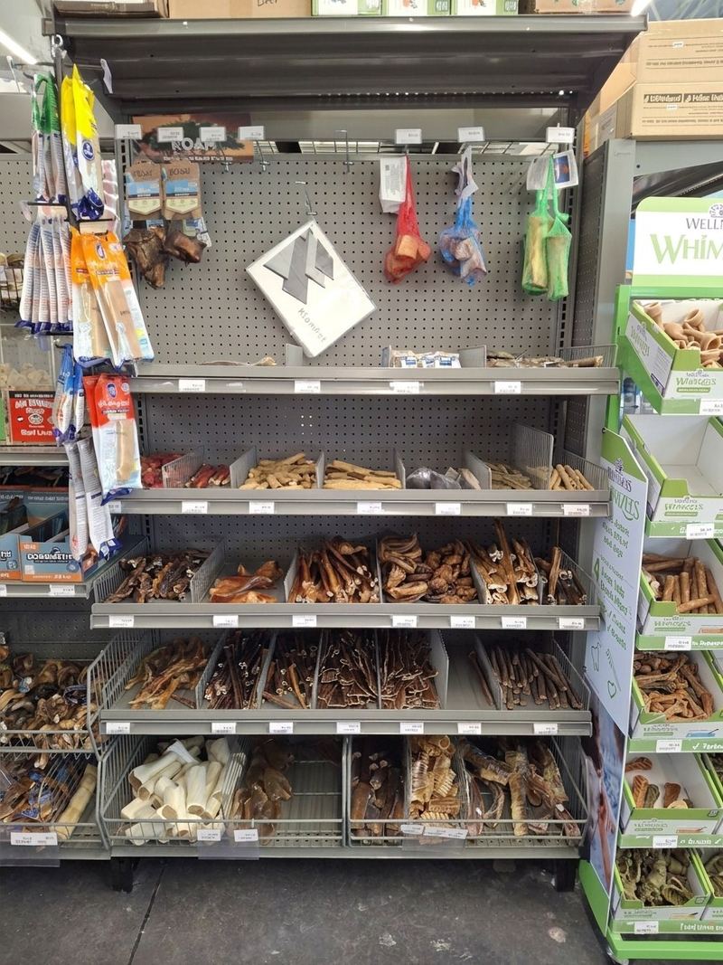 Bins of natural chews and bagged treats on a pegboard endcap