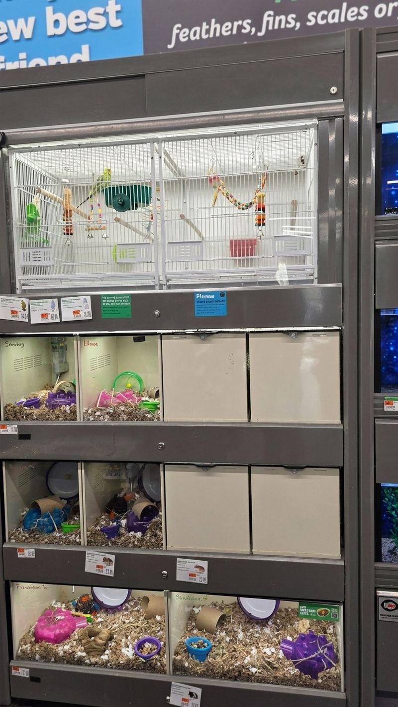 The live-animal wall: a bird cage and small-animal enclosures