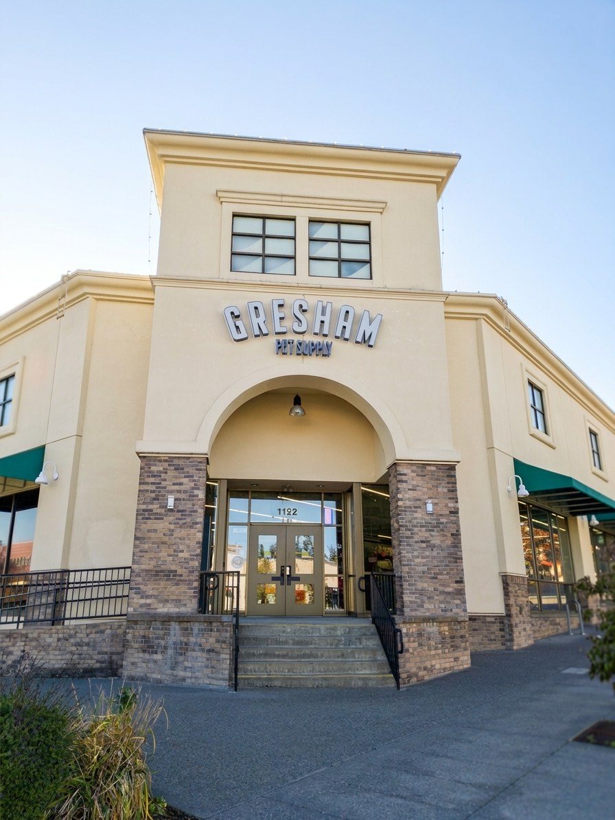 The Gresham Pet Supply storefront: a cream building with a “Gresham Pet Supply” sign over an arched entrance