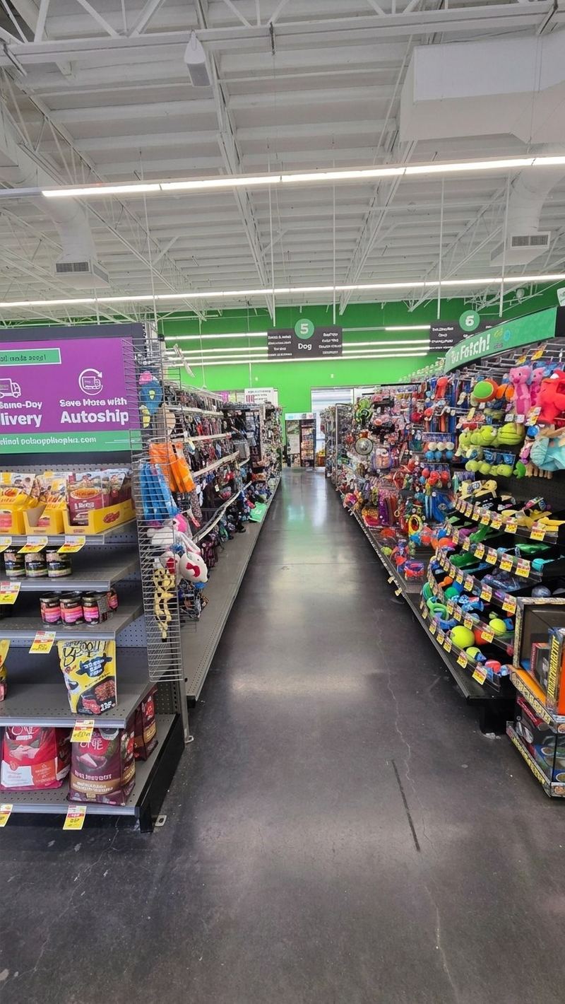 An aisle lined with colorful hanging dog toys